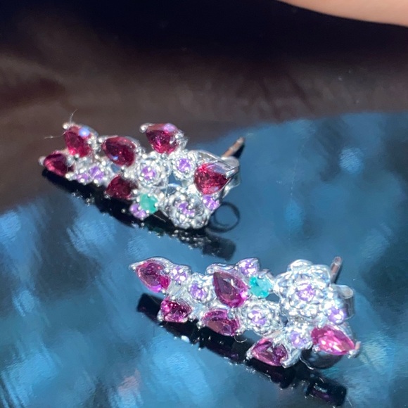 Genuine Rhodolite Emerald Amethyst Earrings - Picture 5 of 9